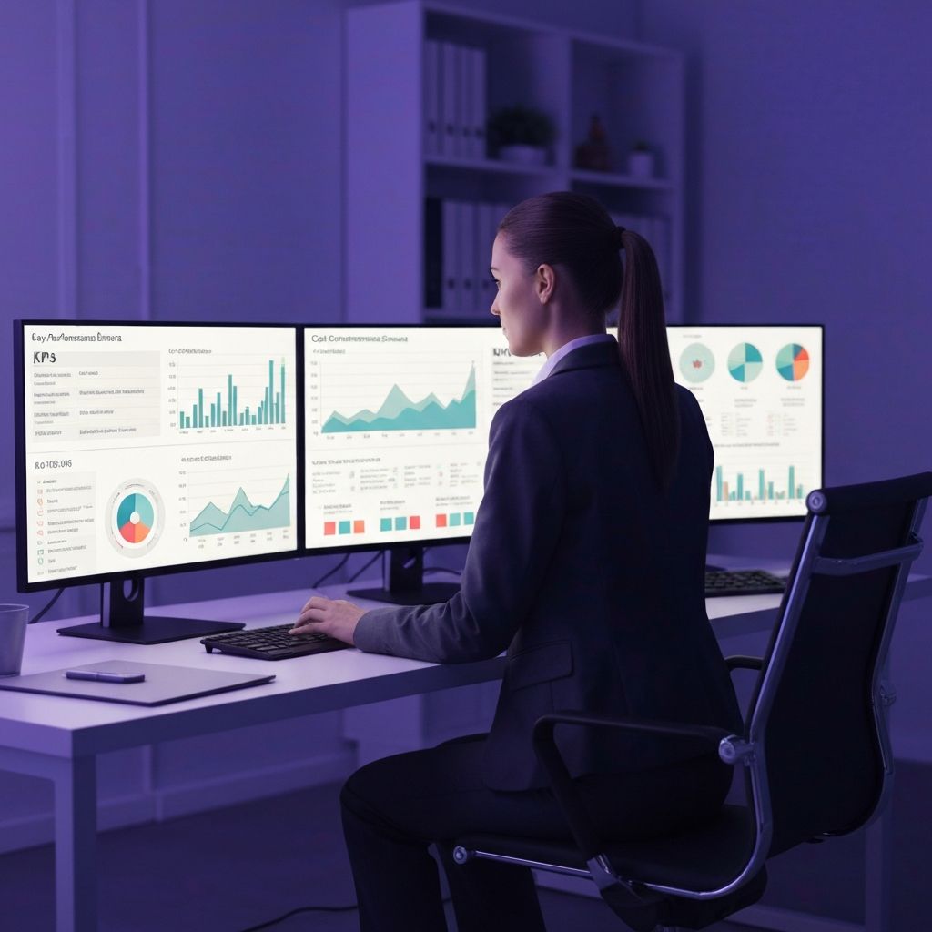 Profesional de finanzas analizando datos de rendimiento de restaurante en múltiples pantallas con gráficos de optimización de costes, márgenes y KPIs operativos en tiempo real