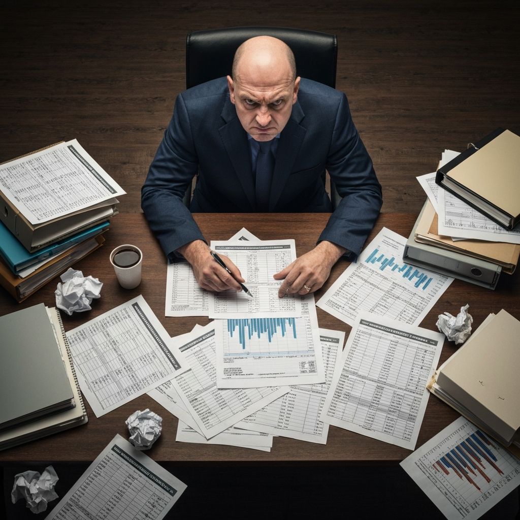 Propietario de restaurante frustrado revisando informes financieros desorganizados, múltiples hojas de cálculo con costes descontrolados, indicadores de pérdidas y métricas sin consolidar