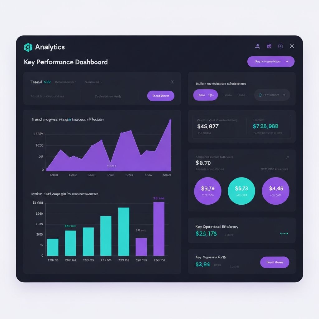 Dashboard analítico mostrando KPIs de restaurante con gráficos de tendencia de márgenes, comparativas de costes por local, alertas de desviaciones y métricas de eficiencia operativa en interfaz moderna