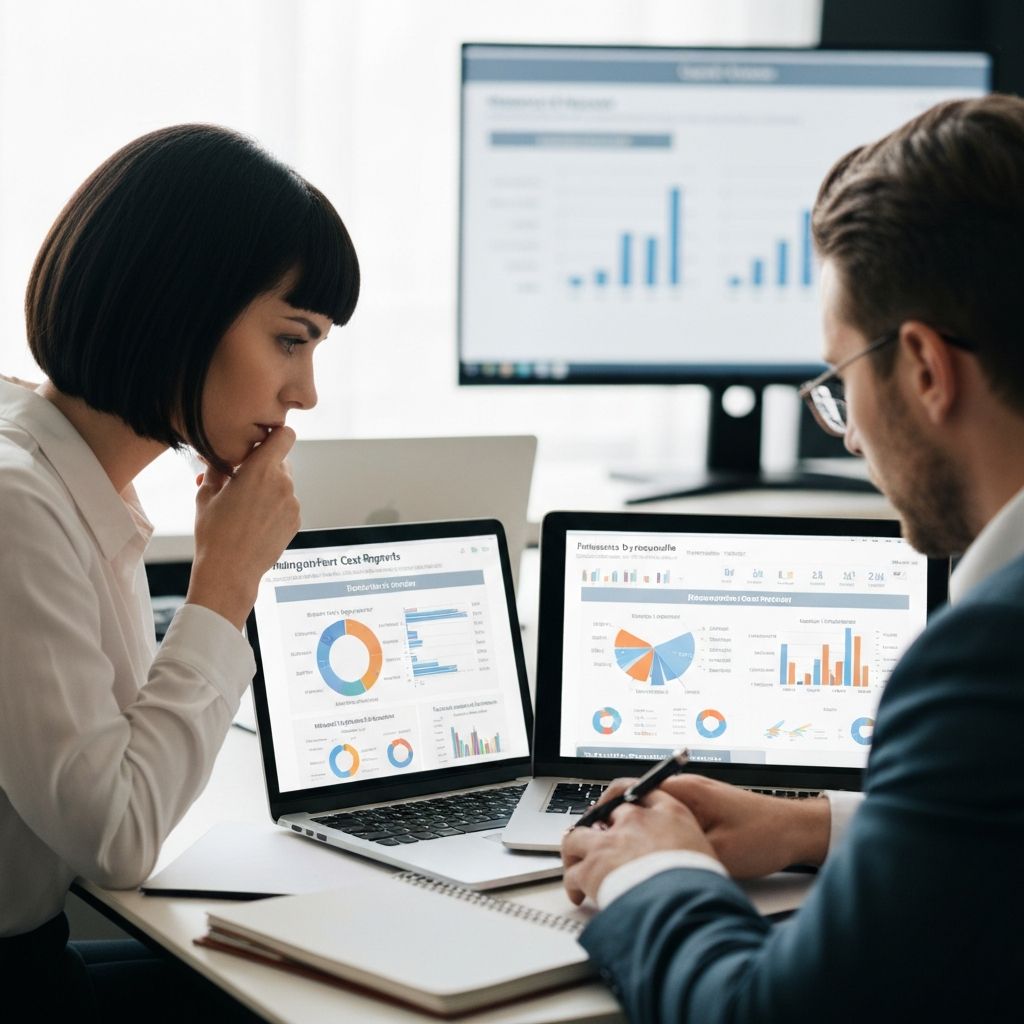 Equipo de auditores financieros revisando informes detallados de costes operativos de restaurante, con gráficos de análisis de márgenes por categoría, comparativas entre locales y tendencias financieras en pantallas de ordenador